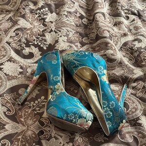 Aldo Blue and Gold Floral Heels